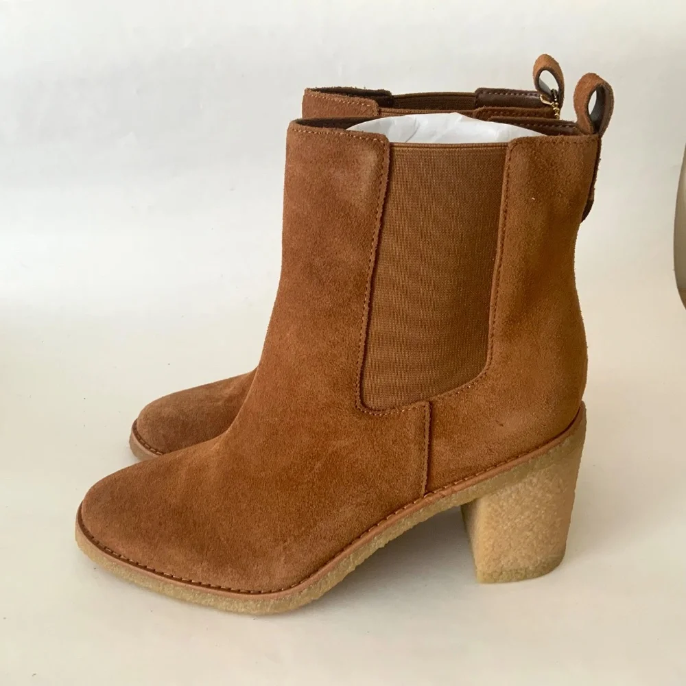 Ralph Lauren Marianna Tan Suede Pull-On Chelsea Booties Block Heel Ankle Boots
